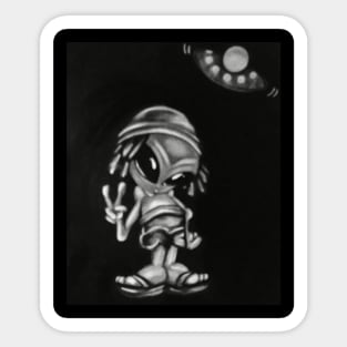 Vintage Black and White Alien and Saucer Sticker